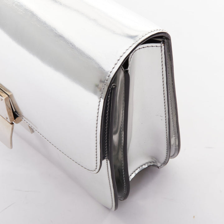 CELINE Classic Box silver mirrored leather push clasp crossbody messenger bag