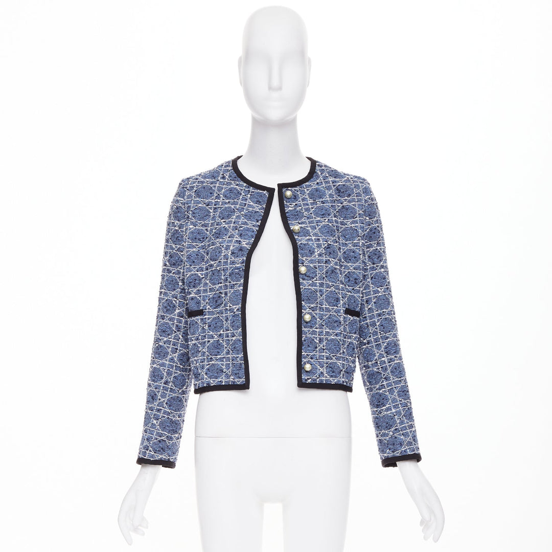 DIOR Macrocannage Technical Cotton Tweed blue white pearl button jacket FR34 XS