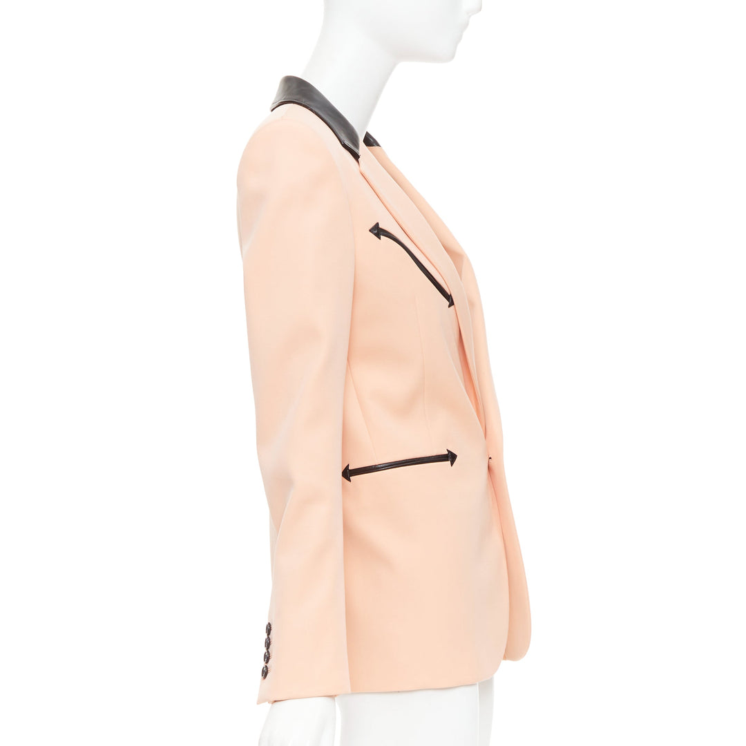 SAINT LAURENT 2018 peach pink wool black leather trim blazer jacket FR36 S