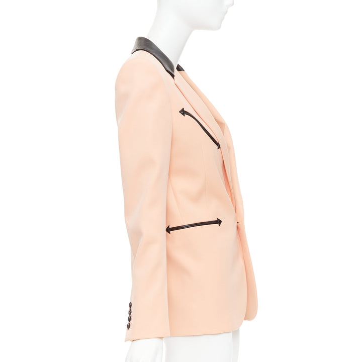 SAINT LAURENT 2018 peach pink wool black leather trim blazer jacket FR36 S