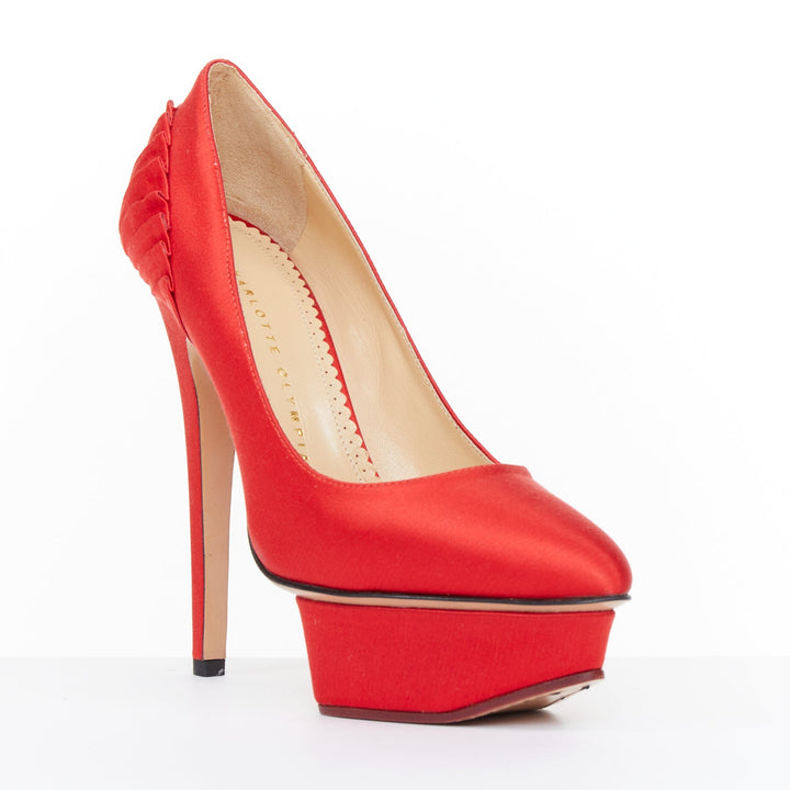 CHARLOTTE OLYMPIA 2011 Paloma red silk satin fan pleat island platform pump EU36