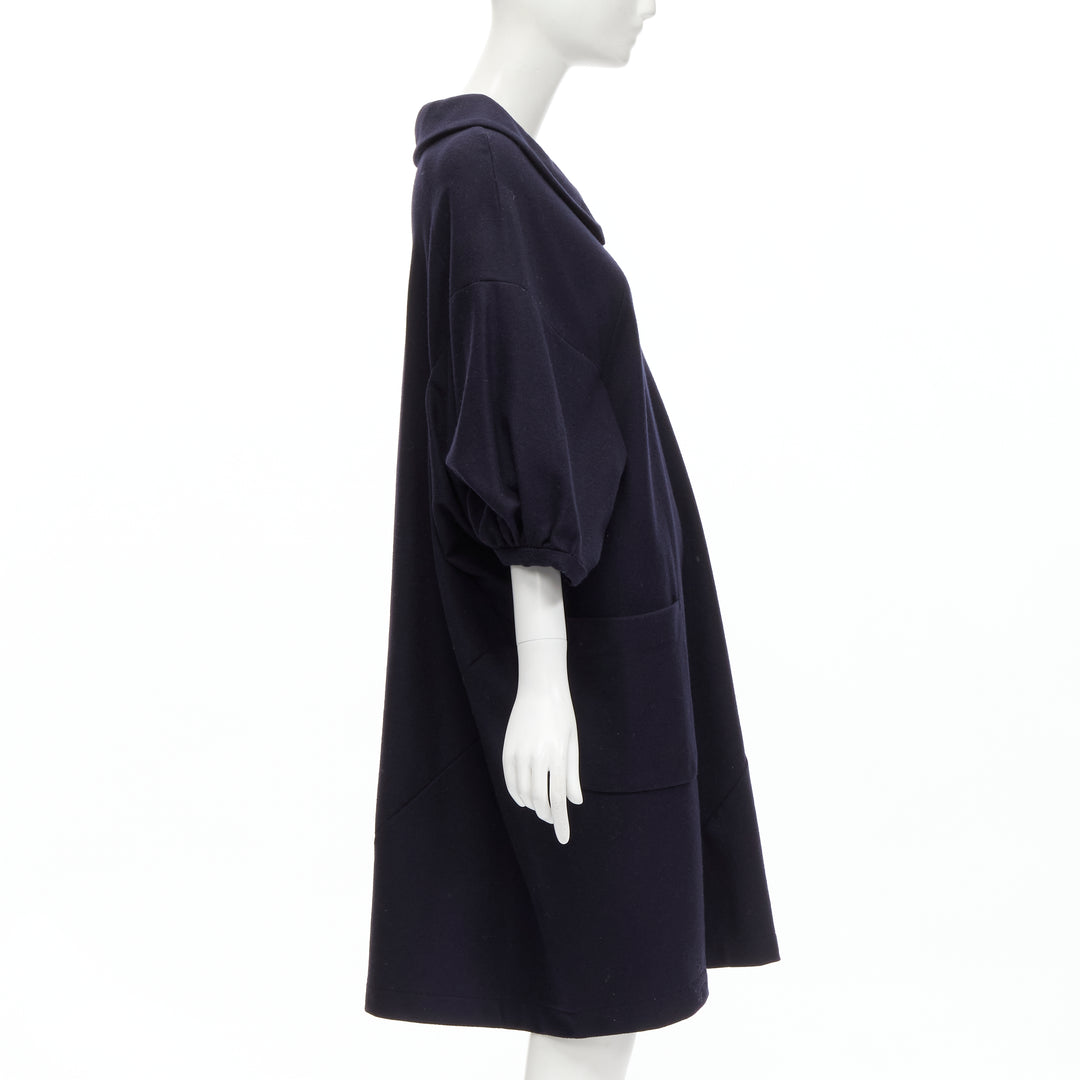 Female mannequin wearing Comme Des Garcons by Rei Kawakubo 2013 Navy Wool Women Casual Dress in Size  S | Available at JHROP