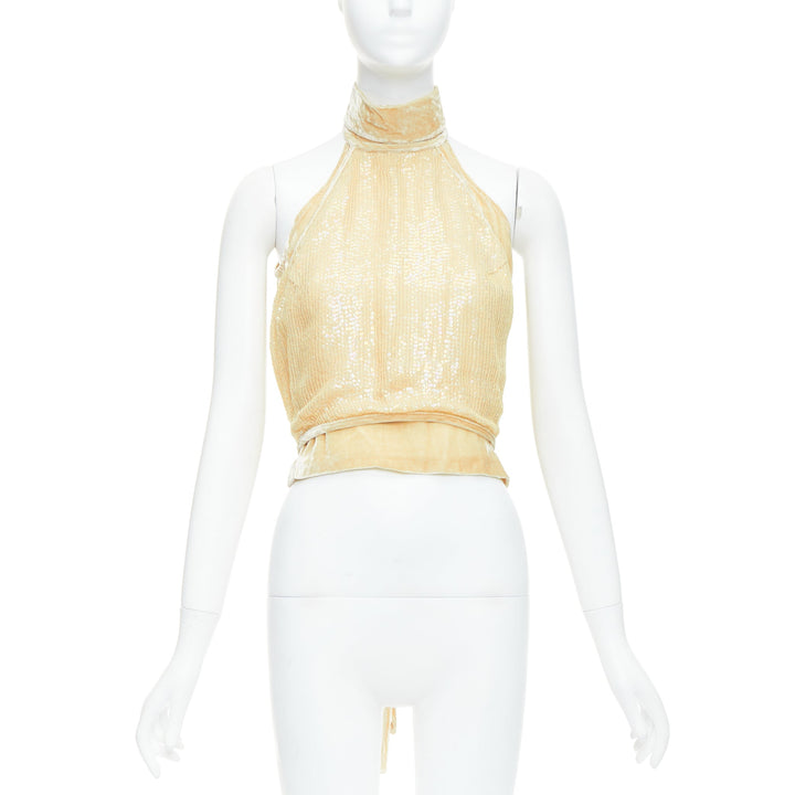 rare GIANFRANCO FERRE Vintage cream beaded velvet layered halter top IT42 M