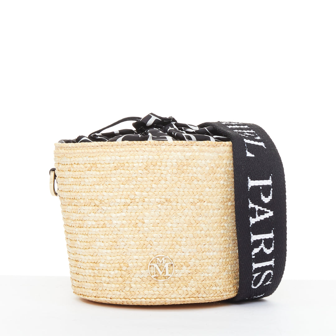 MAISON MICHEL 2024 Cassie Bucket beige raffia nylon monogram strap crossbody bag
