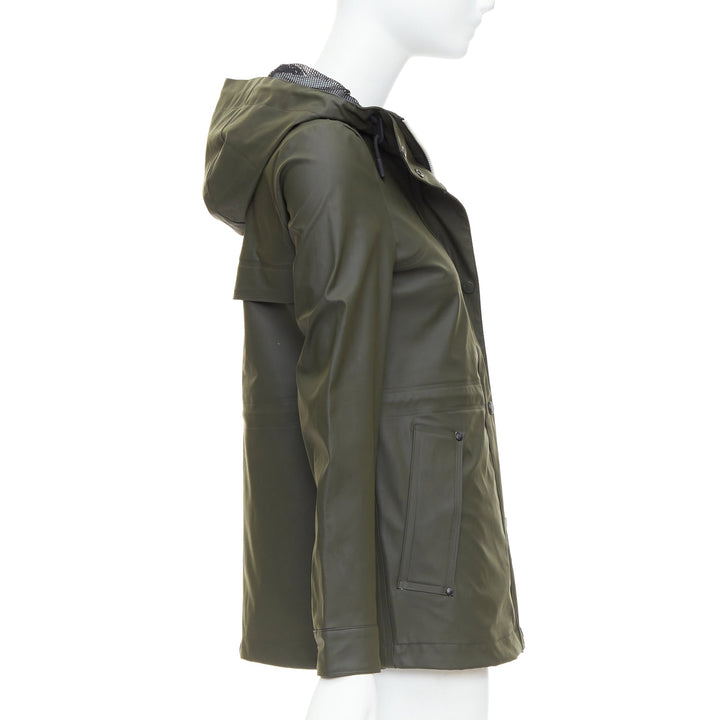 HUNTER Original dark olive green rubberized white zip rain jacket XXS