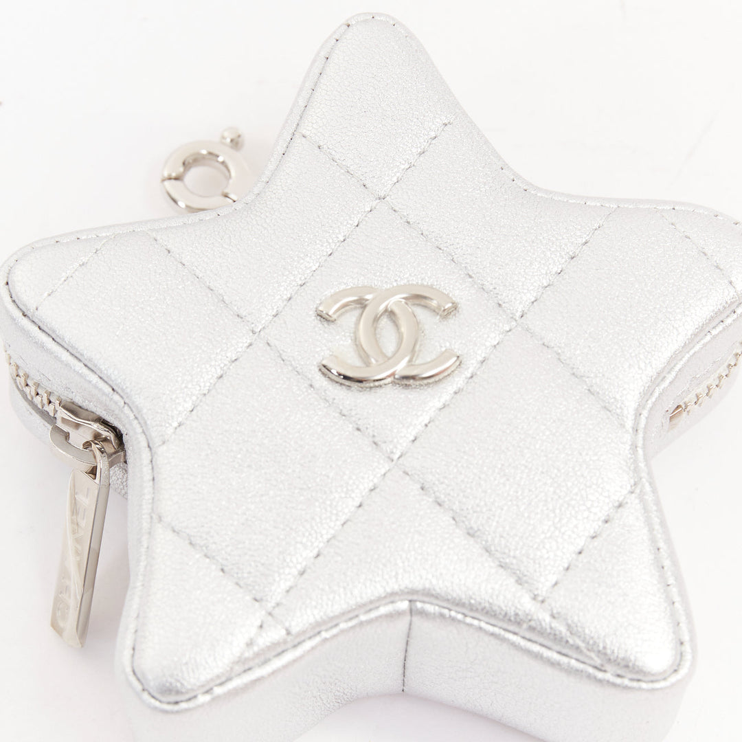 CHANEL 2024 Walk of Fame silver lambskin leather CC logo star small coin purse