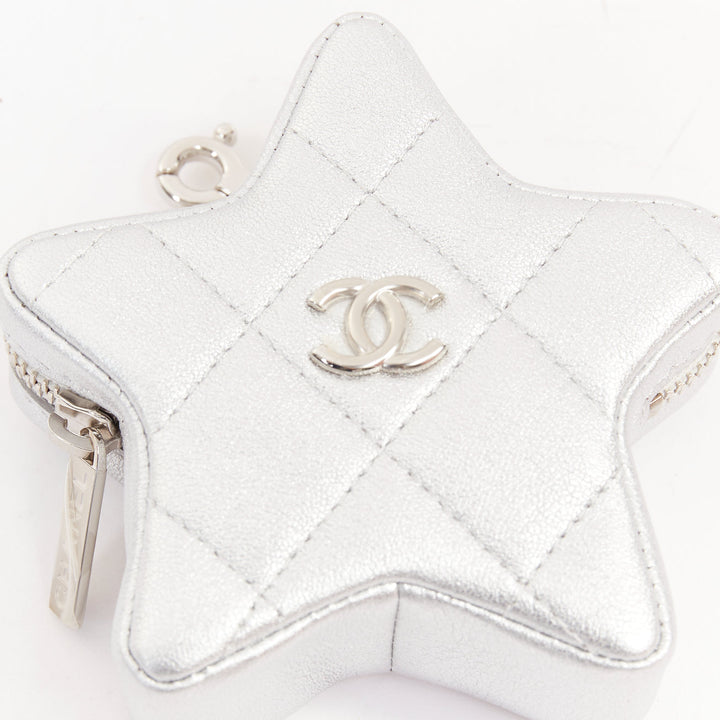 CHANEL 2024 Walk of Fame silver lambskin leather CC logo star small coin purse