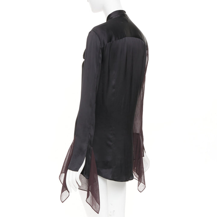LOEWE asymmetric mixed media black sheer burgundy pussy bow blouse IT36