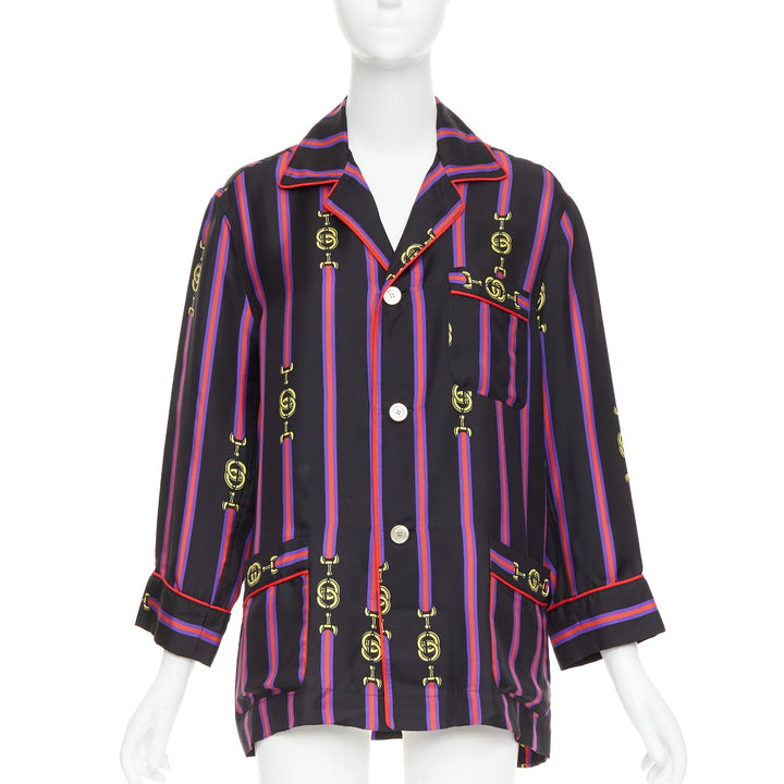 rare GUCCI GARDEN 100% silk black purple GG stripe pajama blouse shirt XXS