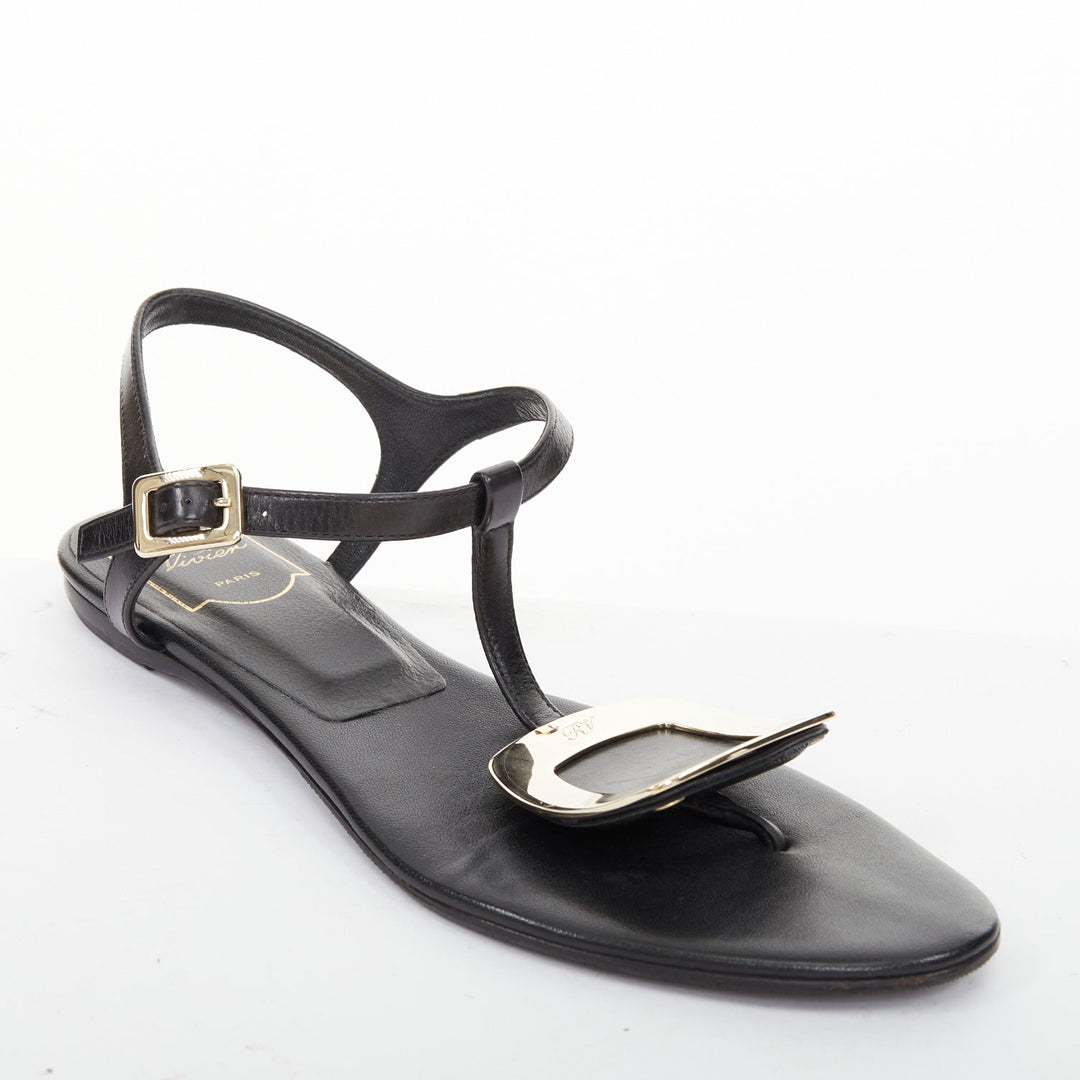 ROGER VIVIER Bikiviv black leather gold buckle tstrap comfort thong sandals EU37