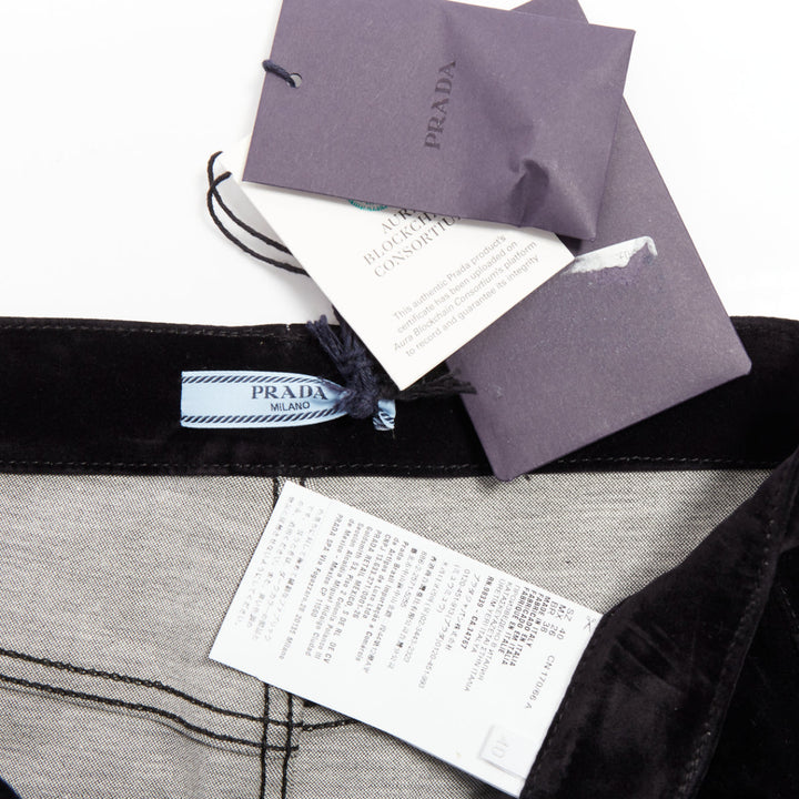 PRADA 2023 black velvet denim silver triangle logo low rise mini skirt IT40 S