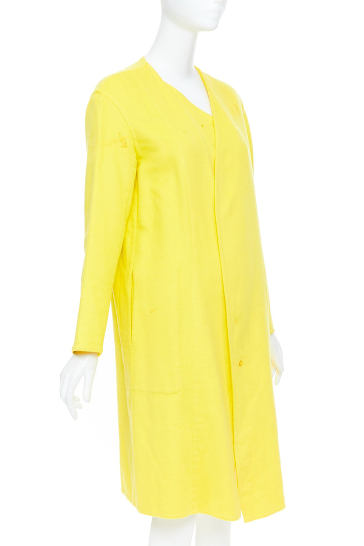 HERMES yellow cashmere asymmetric collar minimalist wrap longline coat FR36 S