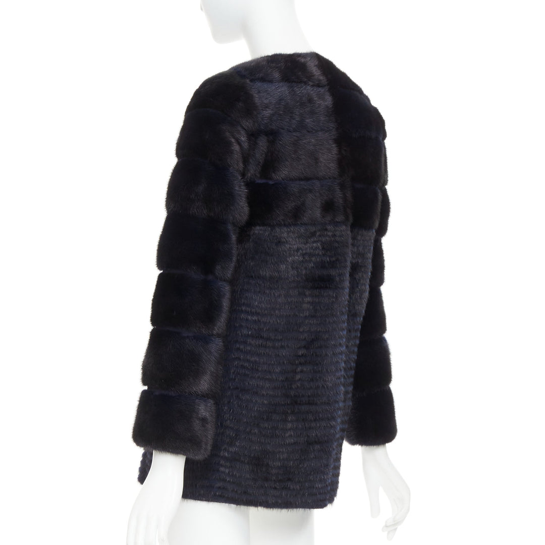 YVES SALOMON KIDS black navy horizontal mink fur work collarless coat Y12