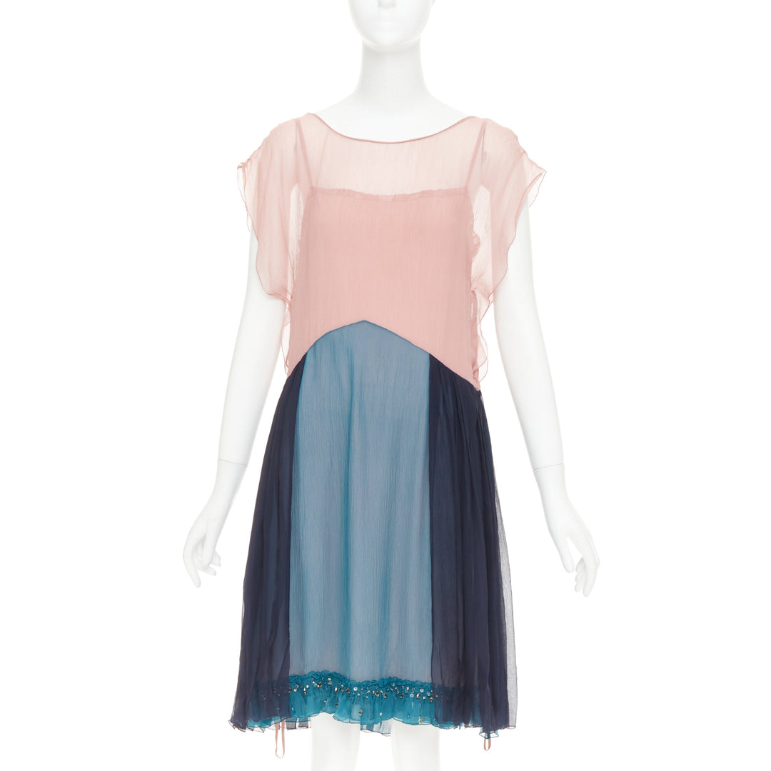PRADA 2015 silk chiffon paneled colorblocked embellished cocktail dress IT40 S