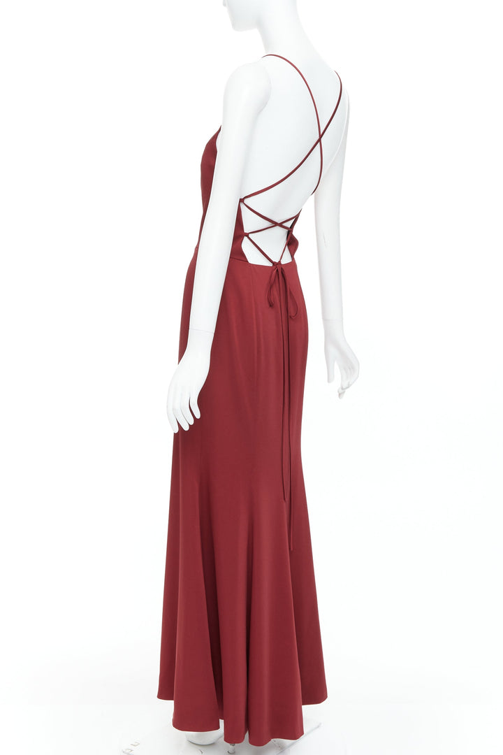 JENNY YOO red satin halter lace up back fit flare long gown US4 S