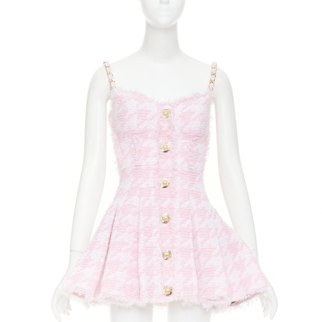 BALMAIN 2025 pink white houndstooth tweed flared min dress FR36 S Taylor Swift
