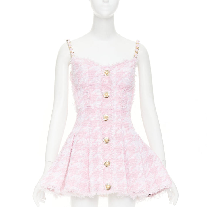 BALMAIN 2025 pink white houndstooth tweed flared min dress FR36 S Taylor Swift