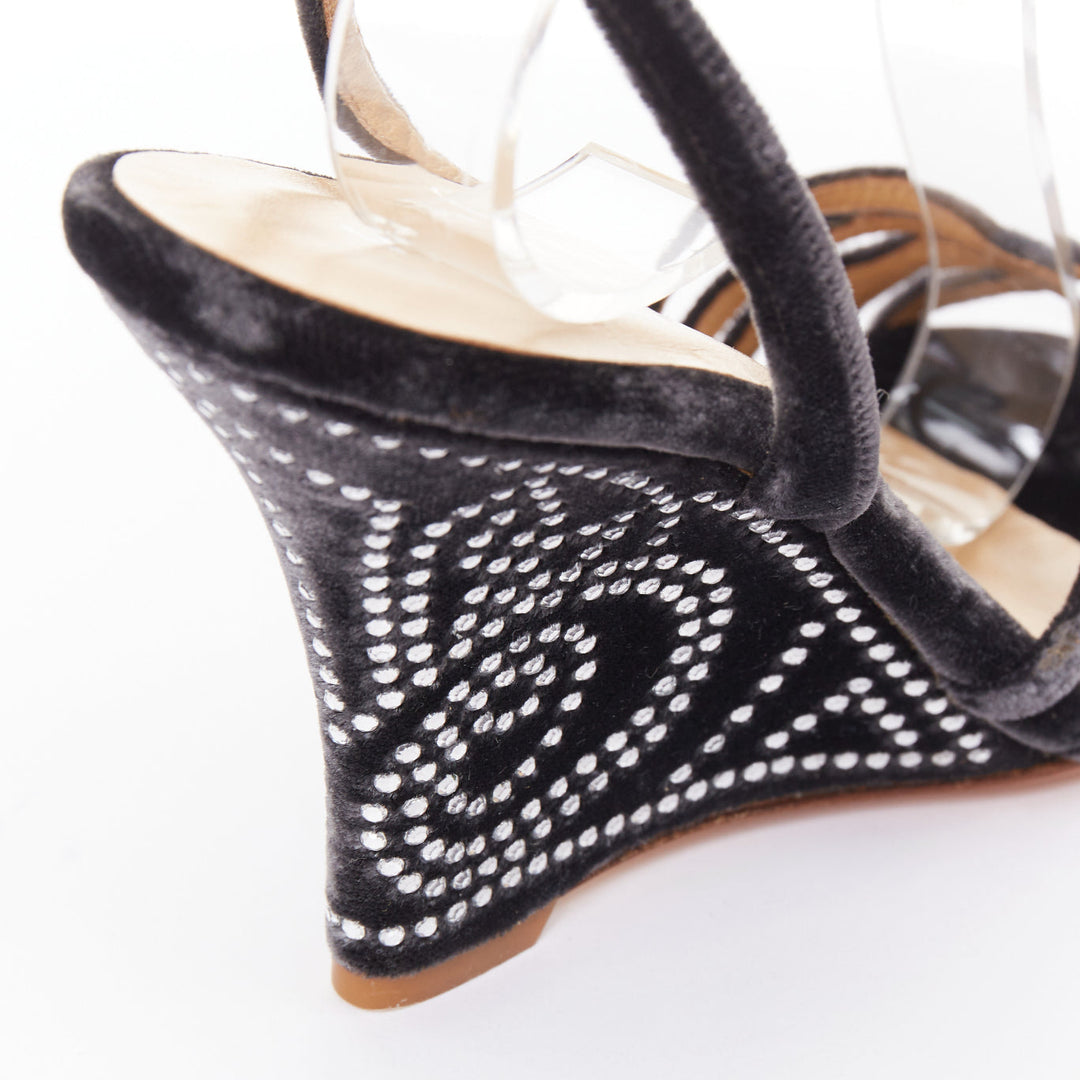 VALENTINO GARAVANI Vintage dark grey crushed velvet crystal wedge sandals EU36