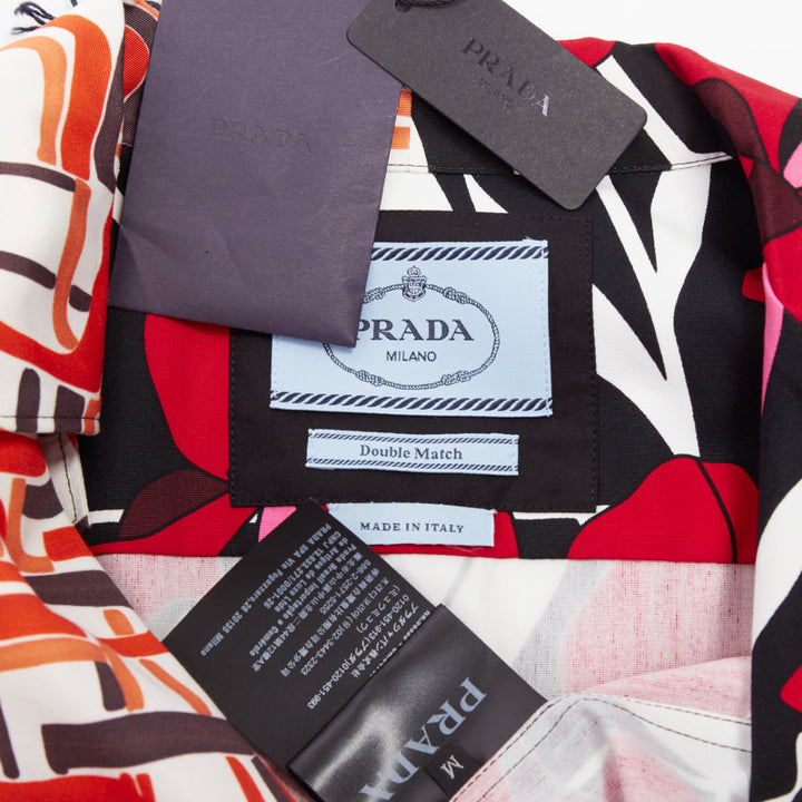 PRADA 2021 Runway Double Match geometric iris red floral split bowling shirt M