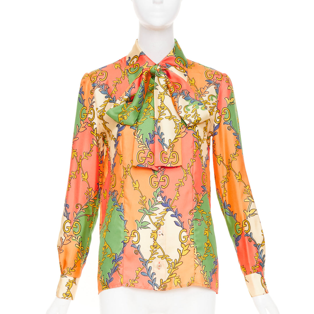 GUCCI 2021 Fluo Barocco orange green  GG Rhombus Ramage silk blouse IT38 XS