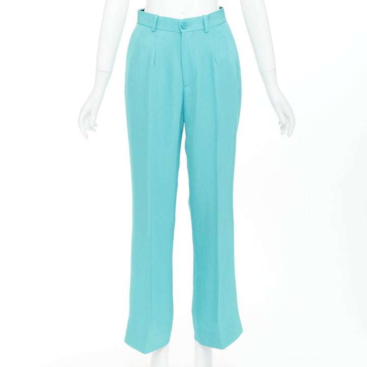 BALENCIAGA 2022 Unfit turquoise blue high sheen twill straight leg pants XS