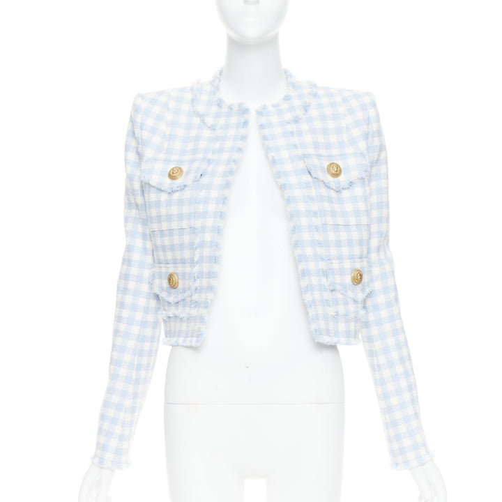 BALMAIN light blue white plaid tweed trim 4 pocket cropped jacket FR34 XS