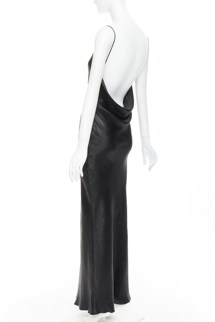 SAINT LAURENT 2023 Runway black iridescent satin plunge cowl back dress FR42 XL