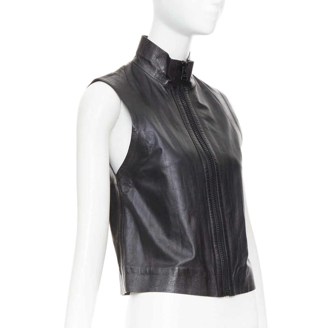 LOUIS VUITTON black leather logo zipper back yoke vest jacket