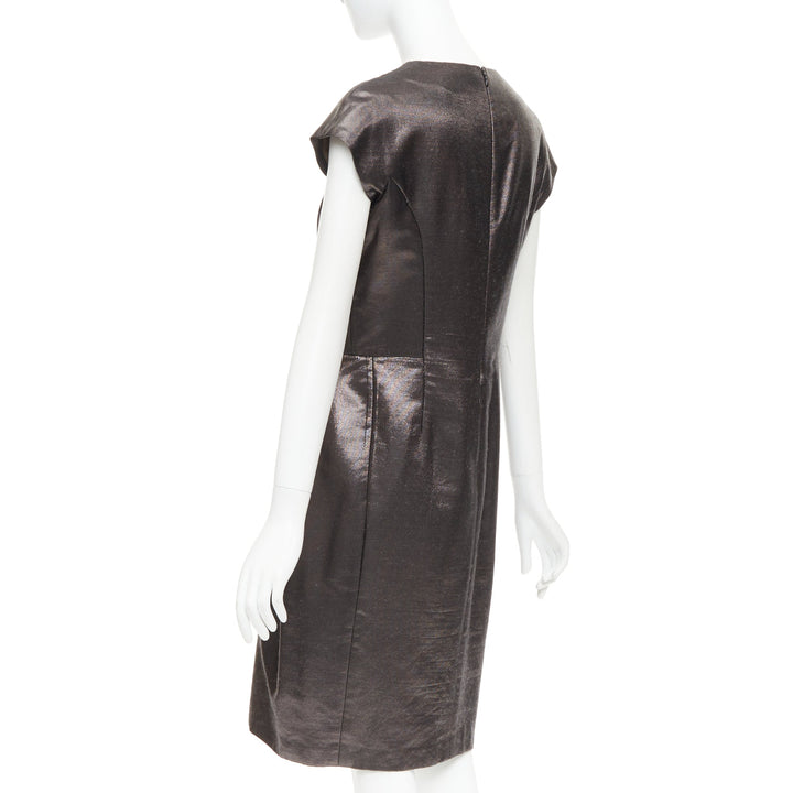 YVES SAINT LAURENT 2009 bronze metallic look V neck sheath dress FR40 S