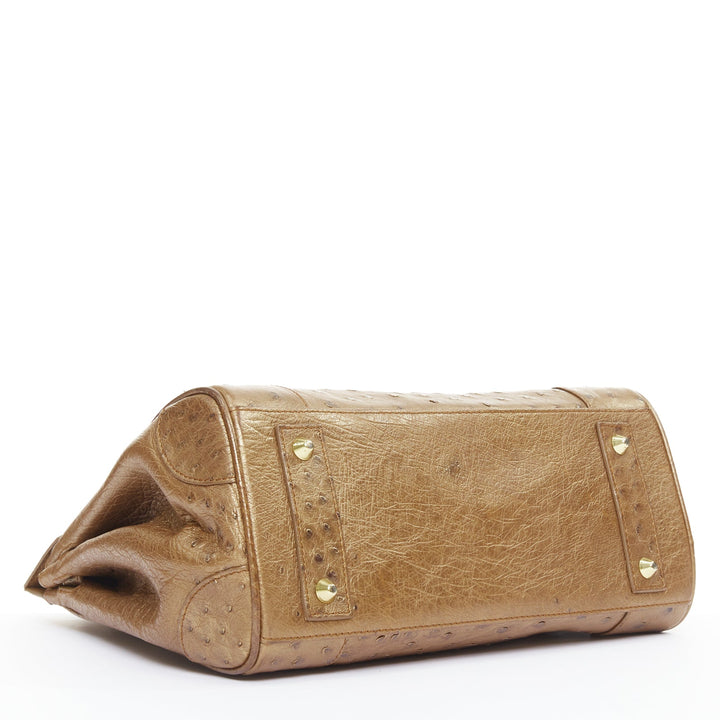 KWANPEN brown ostrich leather gold hardware top handle structured executive bag