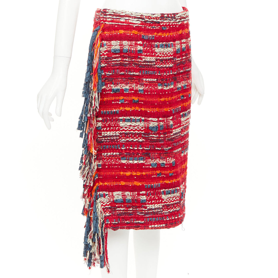 CHANEL 2013 Paris Dallas red multicolor cotton tweed fringe wrap skirt FR40 L