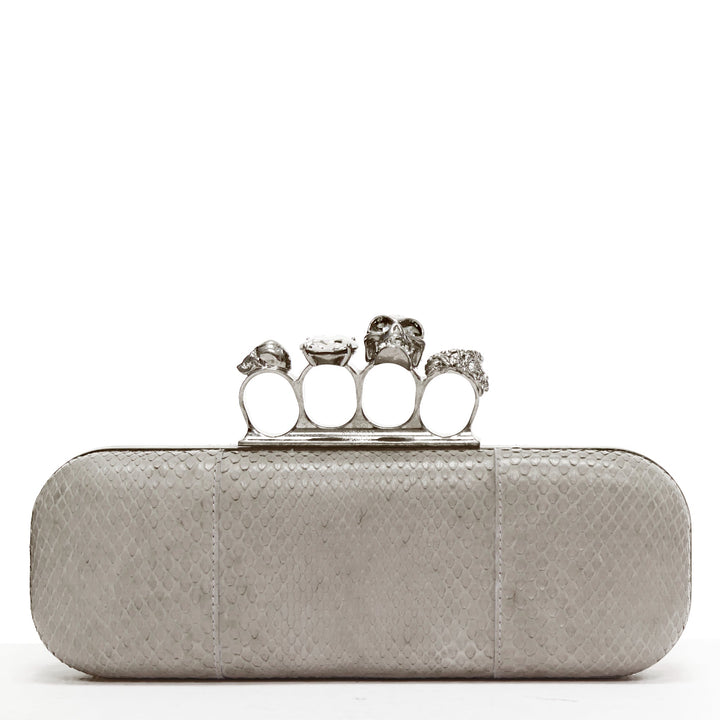 ALEXANDER MCQUEEN Knuckle Duster grey leather crystal skull 4 ring box clutch