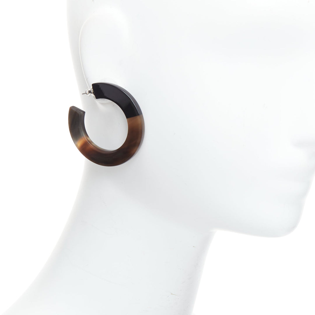 HERMES brown black buffalo horn palladium hoop pin earrings Pair