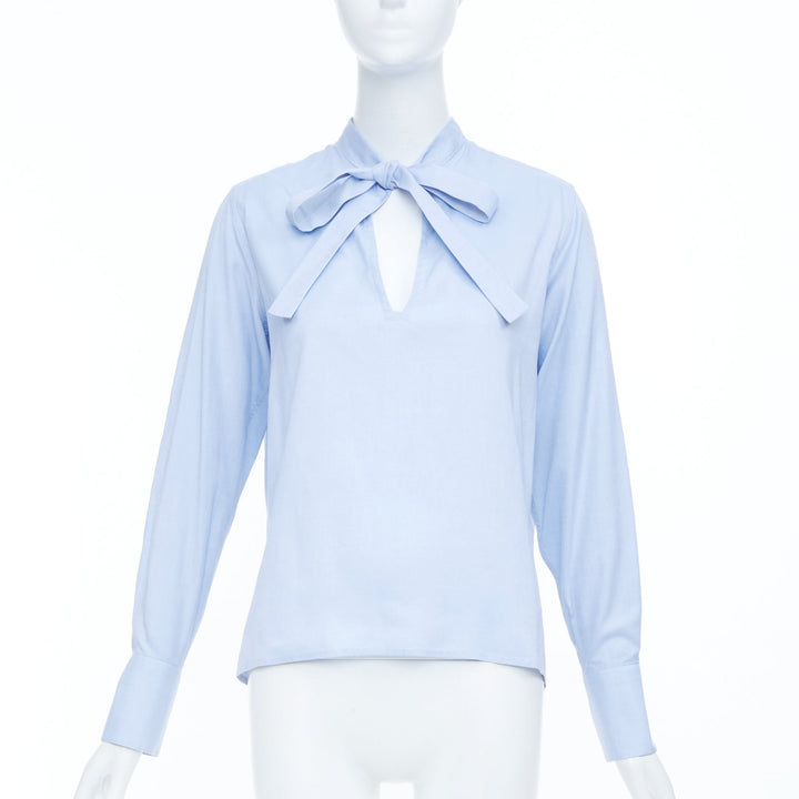 VALENTINO light blue cotton pussy bow tie keyhole cut out blouse shirt IT40 S