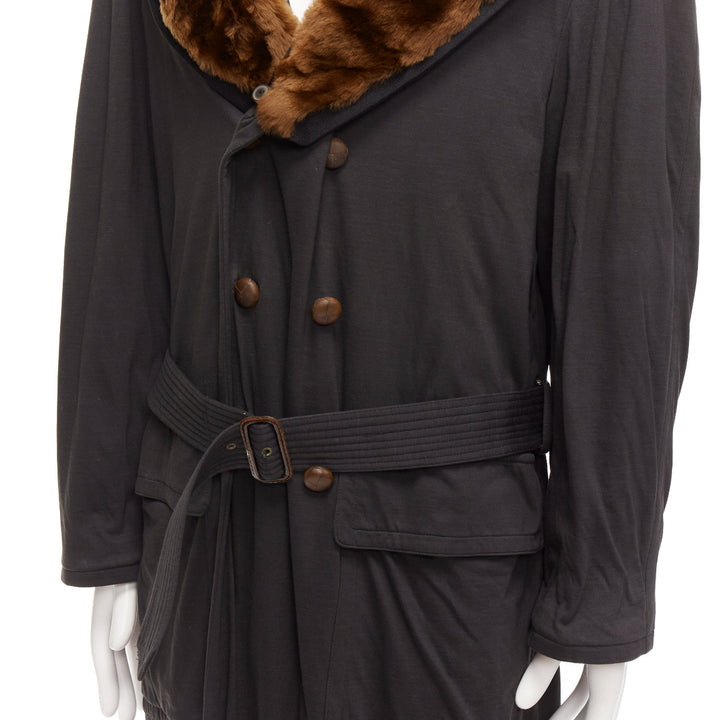 rare JEAN PAUL GAULTIER HOMME brown faux fur collar black cotton belted coat L