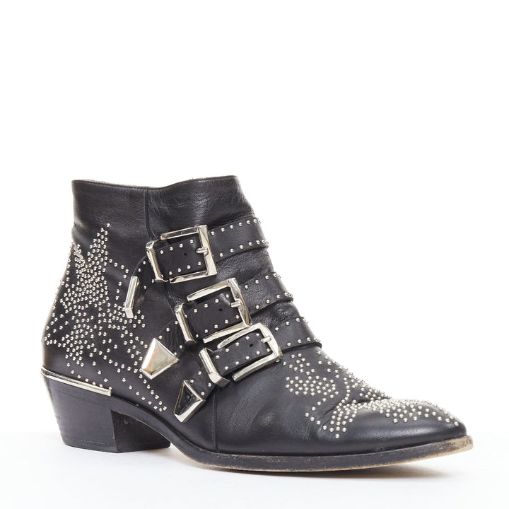 CHLOE Susanna black leather silver studded buckles rock grunge boots EU39