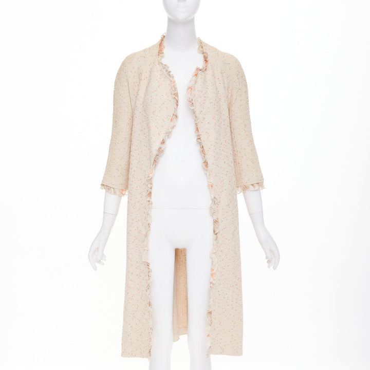 ST JOHN COUTURE cream pink flecked boucle knit ruffle trim duster coat US14 3XL