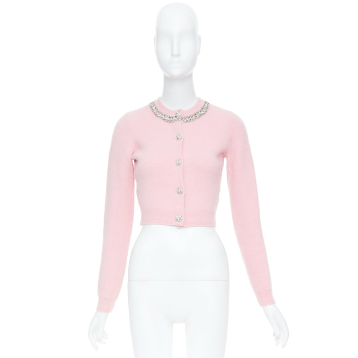 SELF PORTRAIT AW24 light pink viscose blend crystal neckline crop cardigan XS