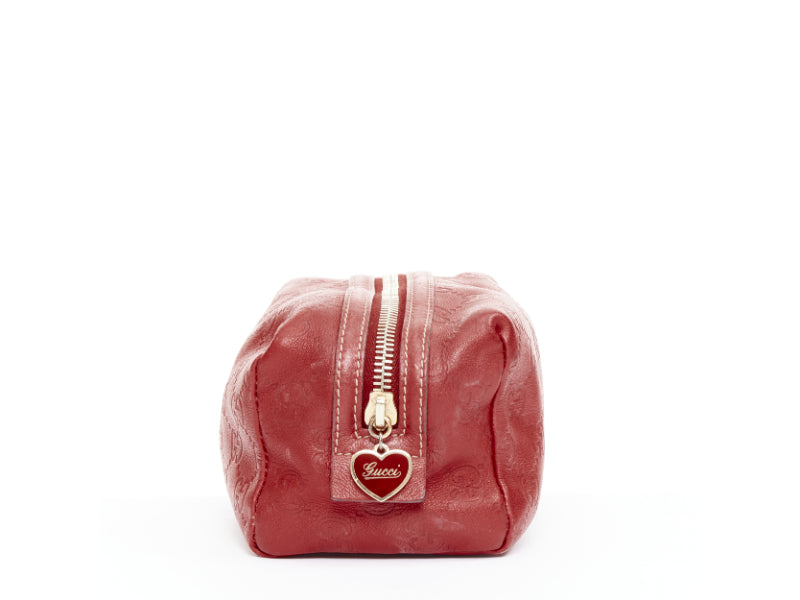 GUCCI Vintage Guccissima red leather GG emboss gold heart zip pouch make up bag