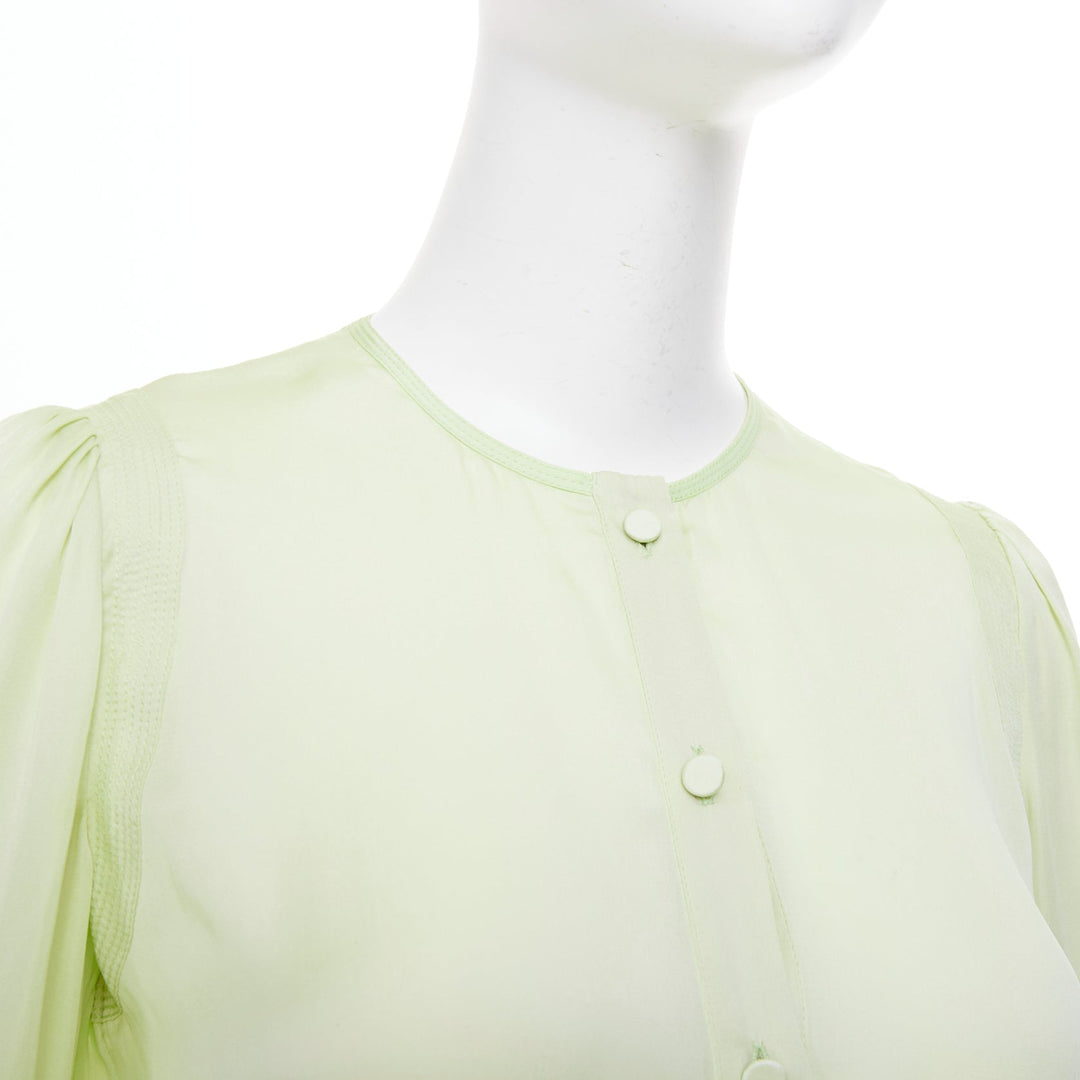 GIVENCHY pale lime green collarless covered button gathered silk blouse FR34 XS
