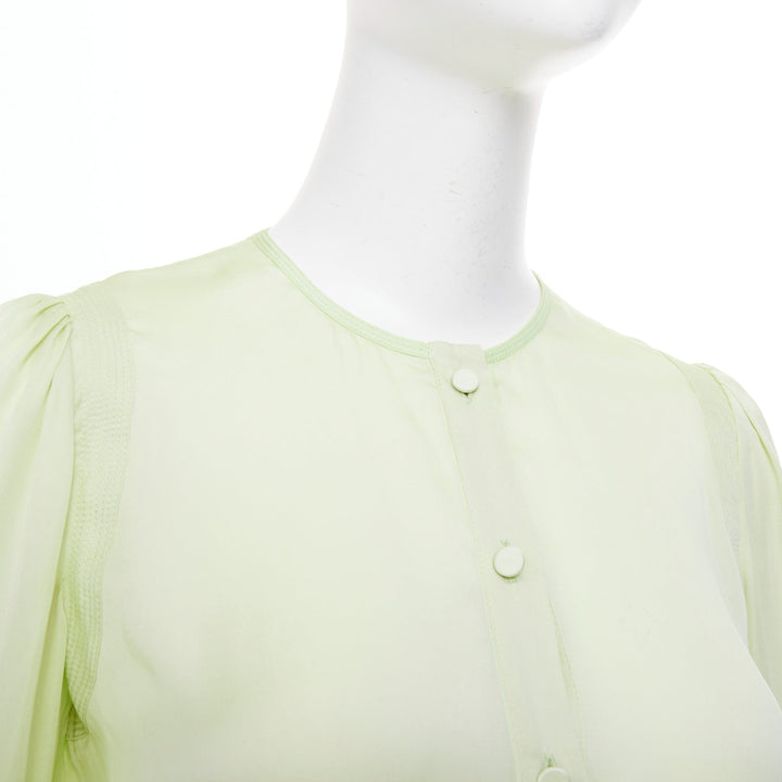 GIVENCHY pale lime green collarless covered button gathered silk blouse FR34 XS