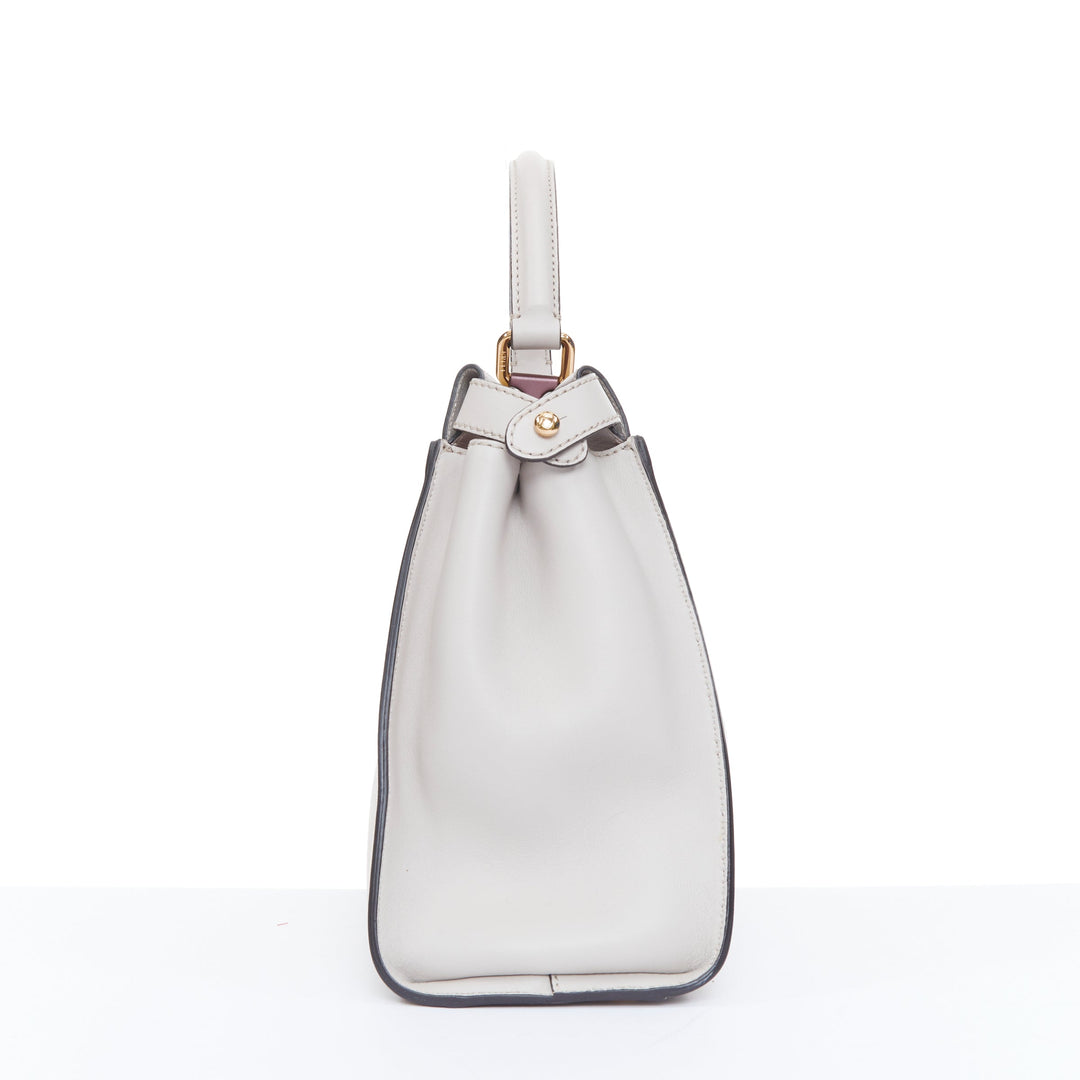 FENDI Peekaboo Medium Selleria Leather taupe grey enamel hardware top handle bag