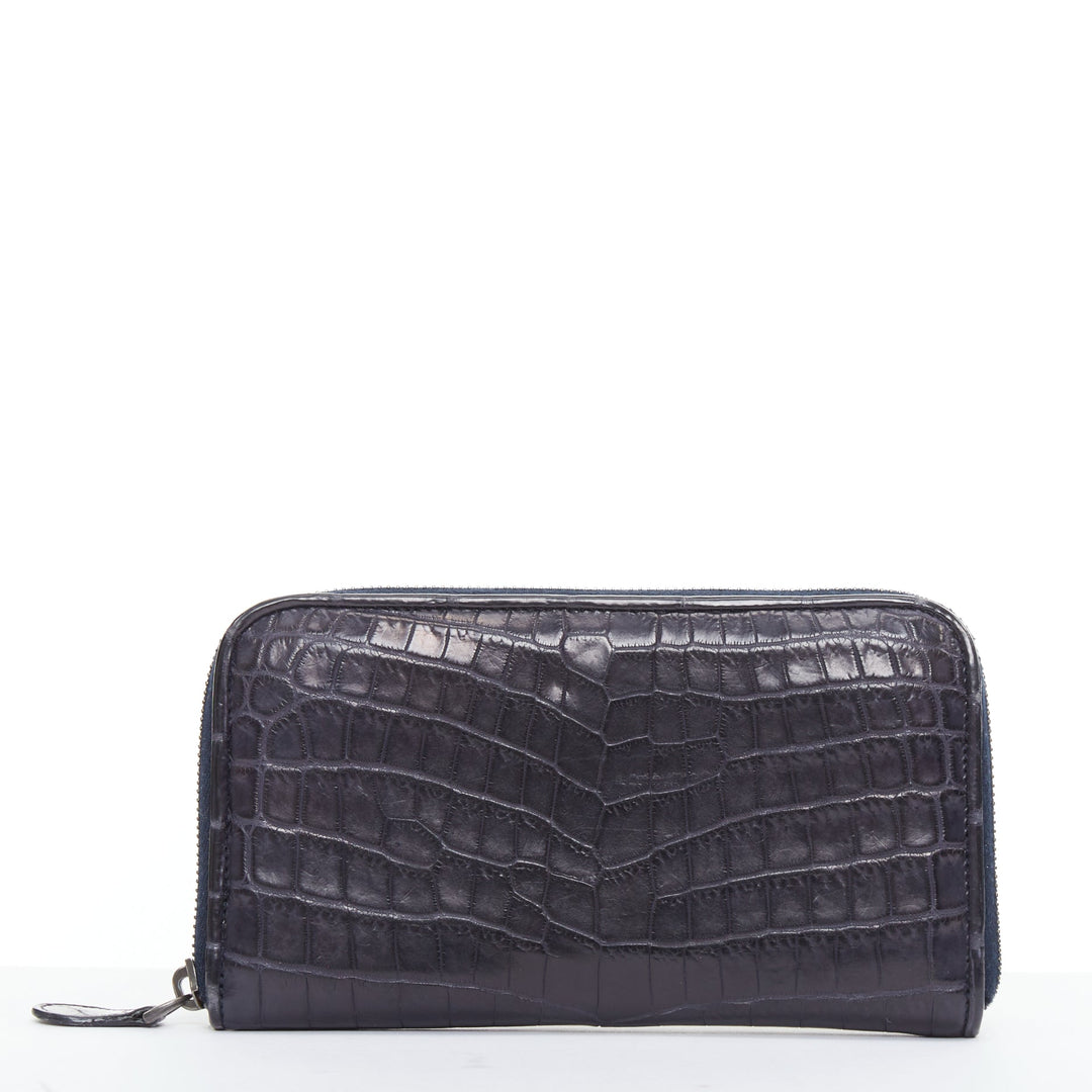 BOTTEGA VENETA midnight blue scaled leather zip around long wallet