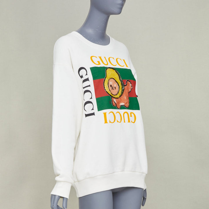 GUCCI PIKARAR 2023 sequinned cotton jersey white vintage logo crew sweatshirt XS