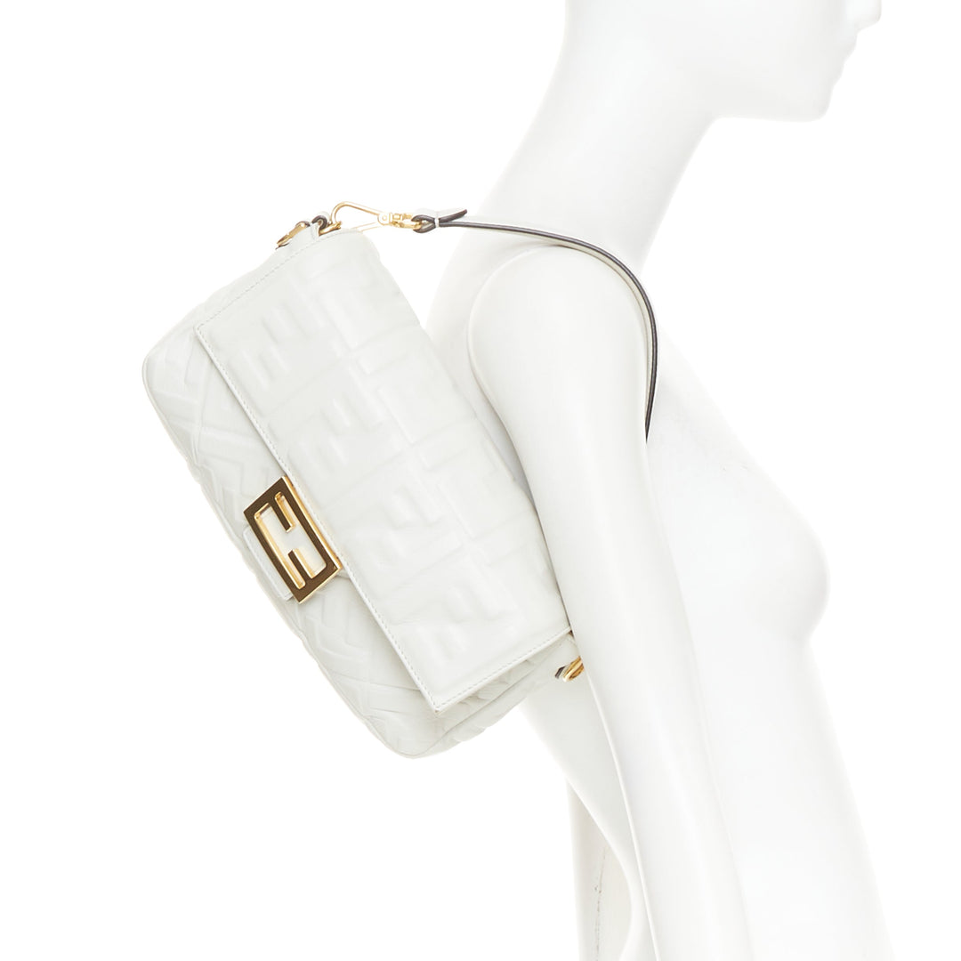 FENDI 2023 Runway Medium Baguette FF embossed white nappa leather bag