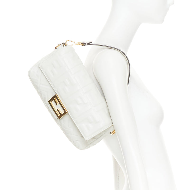 FENDI 2023 Runway Medium Baguette FF embossed white nappa leather bag