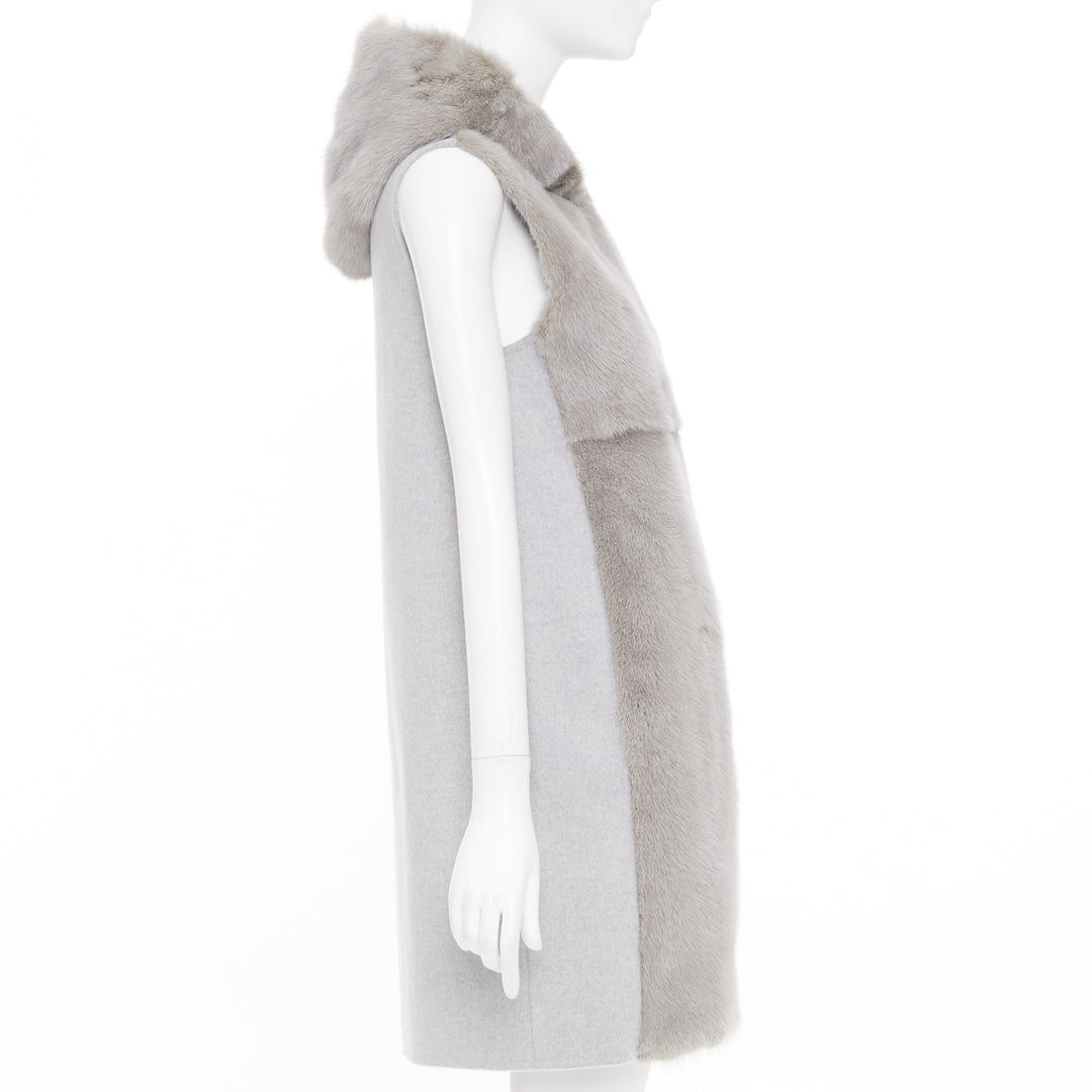 RIVER SKIN grey wool blend real fur panelled hooded long line gilet vest S