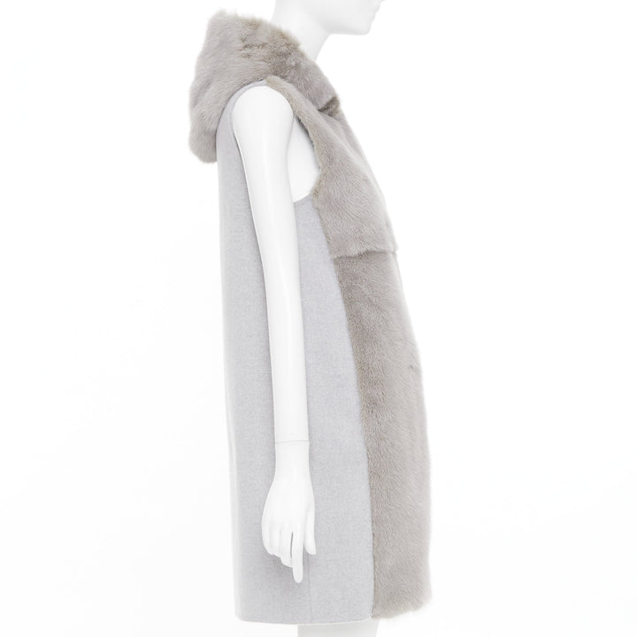 RIVER SKIN grey wool blend real fur panelled hooded long line gilet vest S
