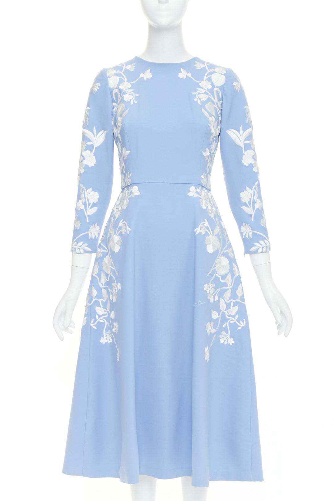 OSCAR DE LA RENTA 2019 blue white virgin wool floral embroidered dress US4 M