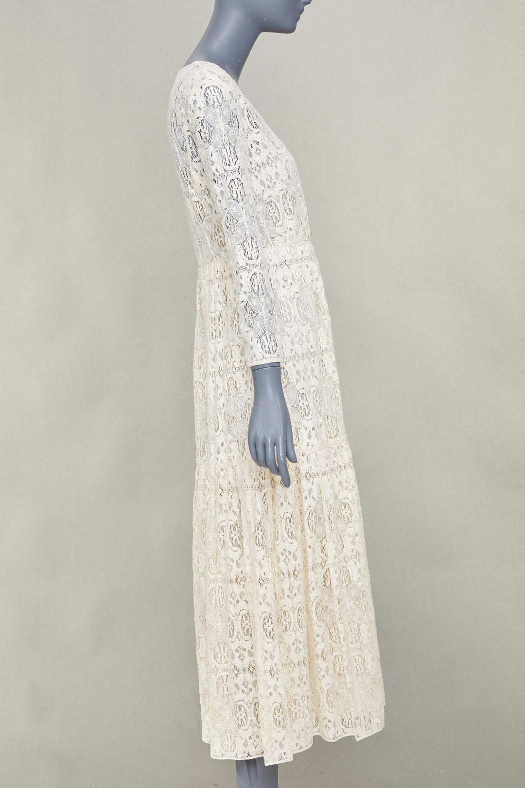 CELINE 2021 Bridal Triomphe button V neck embroidered lace maxi dress FR34 XS